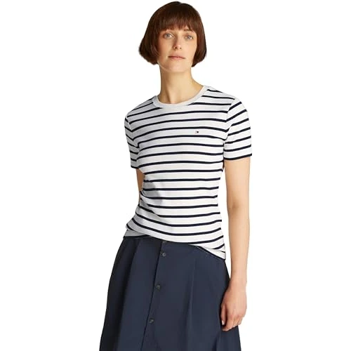 Tommy Hilfiger Camiseta de Manga Corta Mujer Slim Cody con Cuello Redondo, Multicolor (Breton Dark Night Navy STP), M