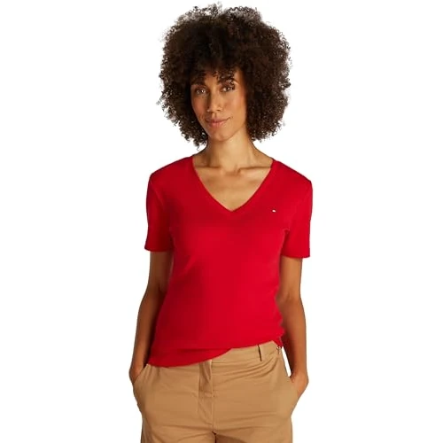 TOMMY HILFIGER Dames NIEUWE SLIM CODY V-NK SS WW0WW40584, Rood, XS, Rood (primair rood), XS