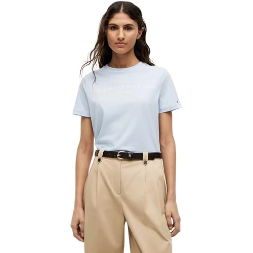 Zeitlich begrenztes Angebot: Tommy Hilfiger Damen T-Shirt Kurzarm Logo Rundhalsausschnitt, Blau (Breezy Blue), XL von 39.90 € auf 31.41 € (21% Rabatt)