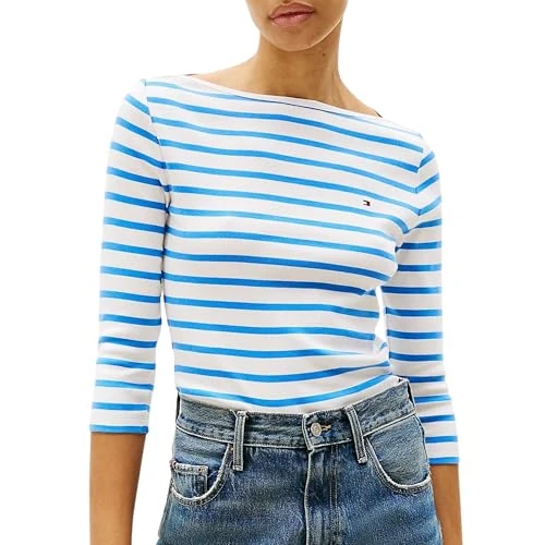 Tijdelijke aanbieding: TOMMY HILFIGER Dames Cody Slim Boat-NK 3/4SLV WW0WW40589, Wit (Ecru/Blue Spell Stp), XXS van 35.59 EUR naar 35.59 EUR (korting 0%)