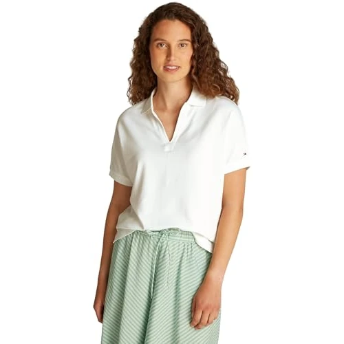Tommy Hilfiger Polo de Manga Corta Mujer Lyocell Relaxed sin Botones, Blanco (Ecru), XL