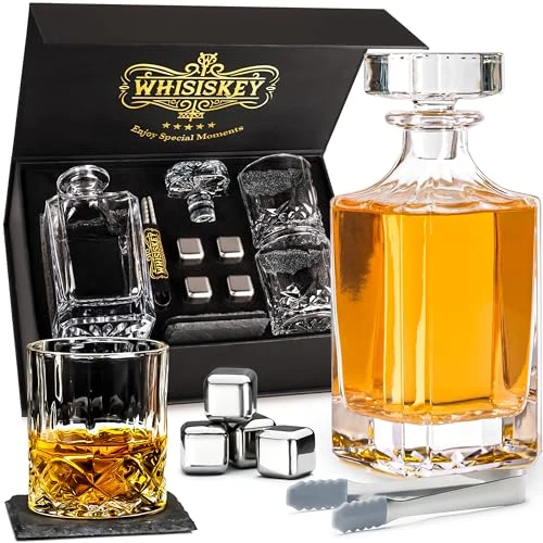 Limitiertes Angebot: WHISISKEY Whisky Karaffe Set - Whiskey Geschenkset - Geschenke für Männer - Männergeschenke Geschenk - Geburtstagsgeschenk Mann - Klassische Dekanter 700ML, 2 Gläser, 4 Whisky Steine von 34.95 EUR auf 19.95 EUR (Spare 43%)