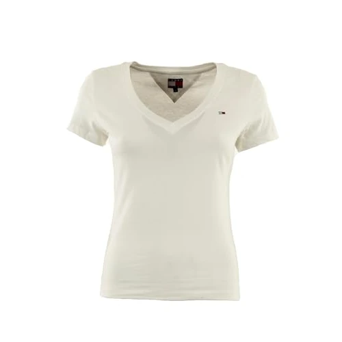 Tommy Jeans Donna T-Shirt Maniche Corte Slim con Scollo a V, Bianco (Ecru), XS