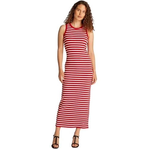 Offerta a tempo: Tommy Hilfiger Abito Donna Midi Dress Slim Fit, Multicolore (Primary Red/Ecru STP), XS - 81% da 129.90 € a 25.14 €