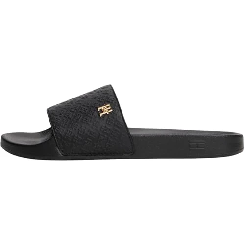 Tommy Hilfiger Women’s Elegant Monogram Pool Slides, Black (Black), 6.5