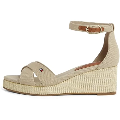 Oferta limitada: Tommy Hilfiger Alpargatas de cuña Mujer Flag Criss-Cros Mid con correa de tobillo, Beige (Horseradish), 38 de 99.90 EUR a 55.44 EUR (ahorro 45%)