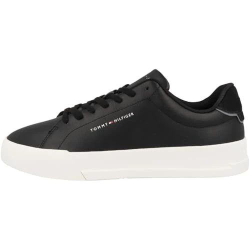 Tommy Hilfiger Men’s Detail Essential Leather Court Trainers, Black (Black), 11