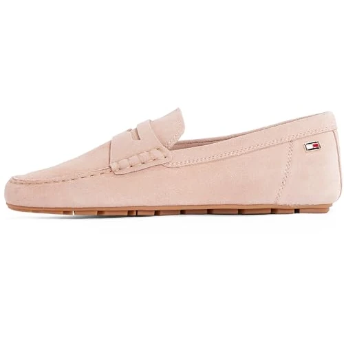 Tommy Hilfiger Damskie eleganckie miękkie zamszowe mokasyny z flagą, Beżowy kamień gliniany, 39 EU