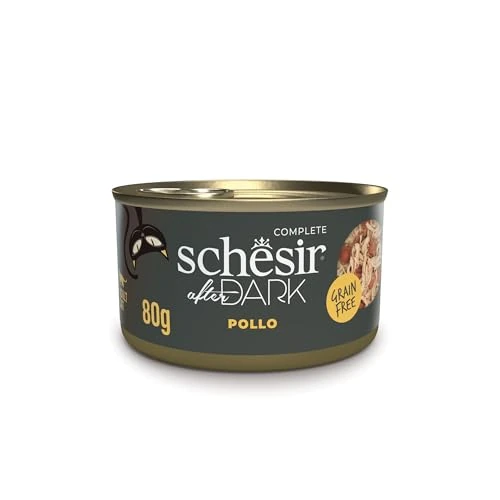Schesir After Dark, Filetti di Pollo in Brodo, Alimento Umido Completo per Gatti, in Lattina, Grain Free, Alto Contenuto di Proteine, Fonte di Idratazione, 12 x 80 g
