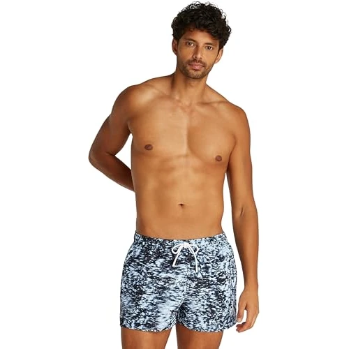 Calvin Klein Herren Badehose Short Drawstring-Print mit Tunnelzug, Mehrfarbig (Glitched Marble AOP Blue), M