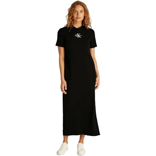 Calvin Klein Donna Abito a T-Shirt Monologo Long Rib Tee con Scollo Rotondo, Nero (CK Black), XXS