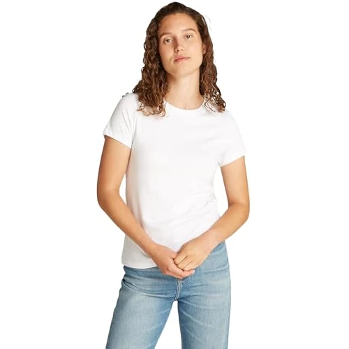 Calvin Klein Camiseta de Manga Corta Mujer Logo Neckline Slim Fit, Blanco (Brilliant White), L