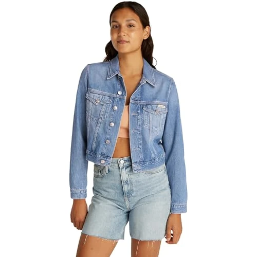 Calvin Klein Veste en Jean Femme Cropped 90'S Denim Trucker avec Poches sur la Poitrine, Bleu (Denim Light), L