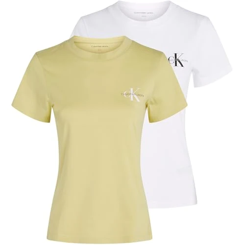 Calvin Klein T-Shirts Manches Courtes Lot de 2 Femme Monologo Tee Slim Fit, Multicolore (Muted Lime/Brilliant White), XXL