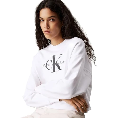 Calvin Klein Damen Sweatshirt Monologo French Terry mit Rundhalsausschnitt, Weiß (Brilliant White), 3XS