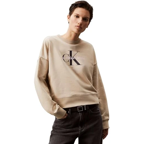 Oferta limitada: Calvin Klein Sudadera Mujer Monologo French Terry con Cuello Redondo, Beige (White Pepper), 2XS de 89.90 € a 21.62 € (ahorro 76%)