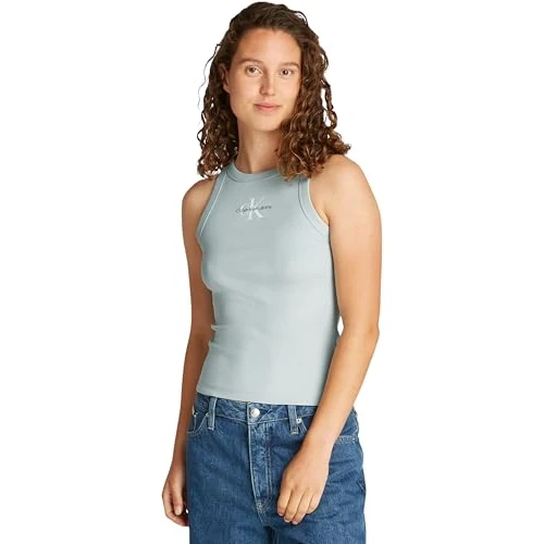 Oferta limitada: Calvin Klein Camiseta de Tirantes Mujer Monologo Rib Skinny Fit, Turquesa (Cloud Blue), M de 39.90 EUR a 19.00 EUR (ahorro 52%)