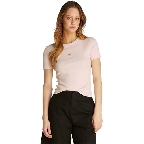 Limited-time offer: Calvin Klein Women’s Short Sleeve Woven Label Slim Fit Rib T-Shirt, Pink (Silver Peony), XXS from 24.50 GBP to 24.50 GBP (save 0%)