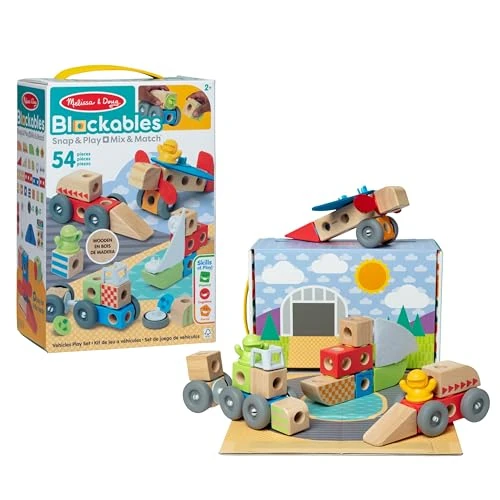 Melissa & Doug Blockables à emboîter, véhicules, coffret de blocs en bois de construction à assembler et mélanger, pour les tout-petits (54 pièces) - Certifiés FSC