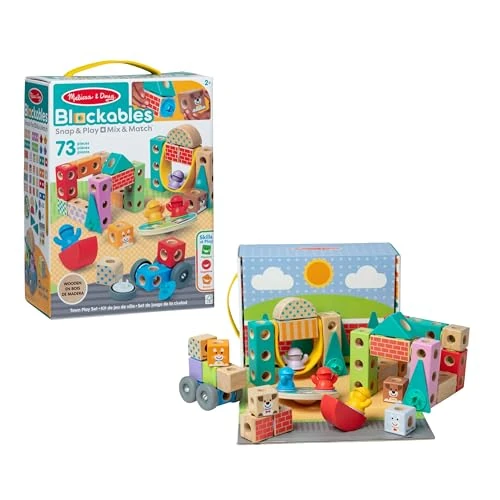 Melissa & Doug - Set de Juego de la Ciudad: Bloques Construcción Niños, CREA tu Propia Ciudad de Madera con 73 Piezas - Juguetes Niños 2 años + - Regalo Niño 2 años + - Montessori - Certificados FSC