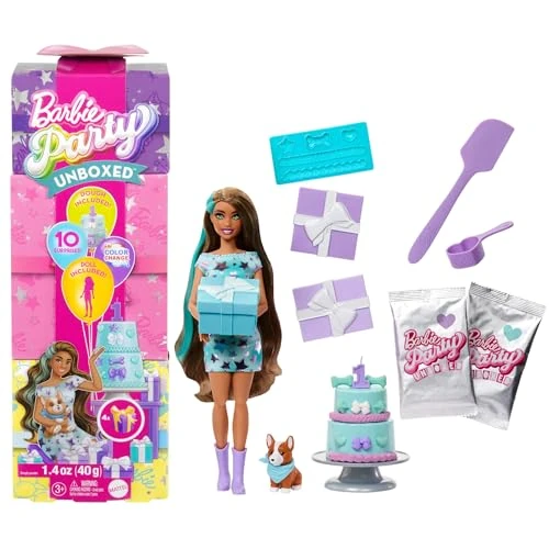 Offerta a tempo: Barbie Party Surprise - Party Stars, bambola con 10 accessori a sopresa, effetto cambia colore e decorazioni per la torta, giocattolo per bambini, 3+ anni, JFG72 - 35% da 26.99 € a 17.50 €