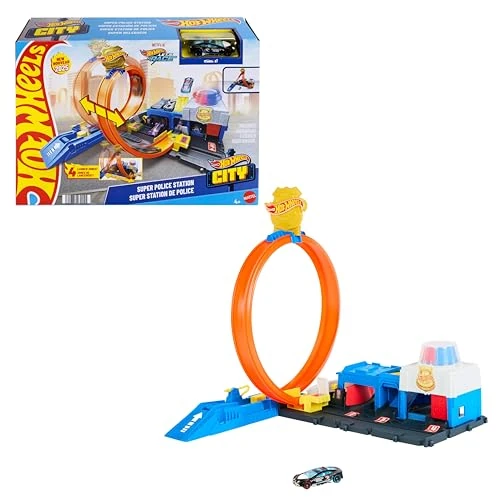 Offerta a tempo: Hot Wheels City - Super Stazione di Polizia, playset regolabile con 4 corsie della pista regolabile per loop e acrobazie, macchinina inclusa, giocattolo per bambini, 4+ anni, JBM71 - 42% da 32.99 € a 19.24 €