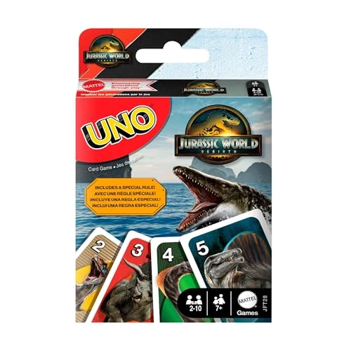 Offerta a tempo: Mattel Games UNO Jurassic World La Rinascita gioco di carte per bambini, adulti e serate in famiglia, mazzo con regole speciali e immagini ispirate al film, JFT28 - 47% da 12.99 € a 6.82 €