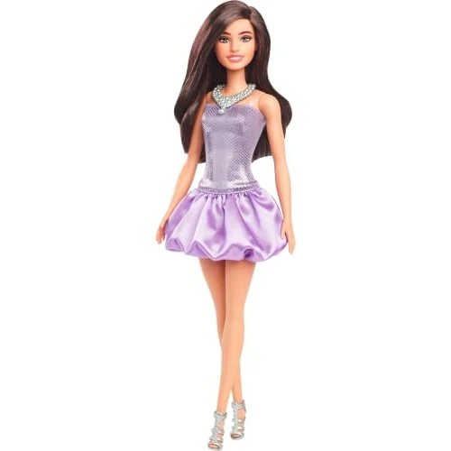Offre limitée : Barbie Fashionistas Poupée Barbie brune vêtue d’une robe bouffante violette à sequins avec jupe satinée, collier et sandales à talons argentés, HYT92 de 12.99 € à 12.07 € (7% de remise)