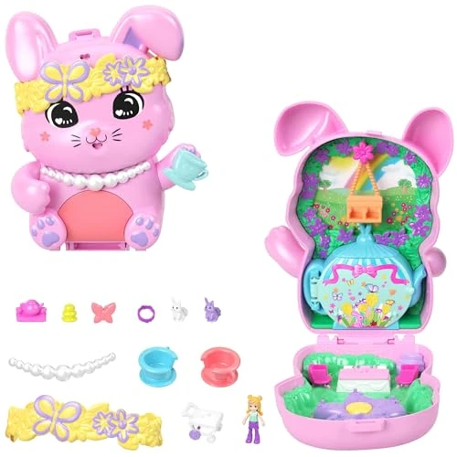 Polly Pocket Puppen und Spielset, Teeparty-Häschen-Schatulle, Spielzeug für unterwegs mit 1 kleinen Puppe, Häschen, Zubehör für Styling und Essen, JCR40