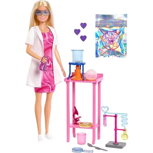 Barbie Muñeca científica y accesorios con muñeca de moda rubia, mesa de laboratorio, microscopio y accesorios de probeta que cambia de color y placa de Petri, JCR70