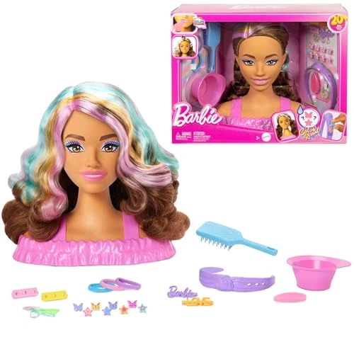 Barbie-Puppe Styling-Kopf, dunkelbraunes Haar mit mehr als 20 Styling-Zubehörteilen inklusive Stern, Schmetterling und Haarclips mit Farbwechsel, JFG82