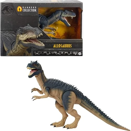 Mattel Jurassic World Colección Hammond Alosaurio Figura de acción de dinosaurio, diseño de película de primera categoría con ojos de cristal y cola con cable, 19 puntos de articulación, JCG13