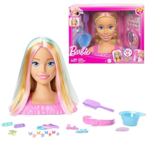 Barbie - Styling Head Deluxe, capelli biondi con oltre 20 accessori per acconciature, fermagli per capelli a stella o farfalla cambia colore, giocattolo per bambini, 3+ anni, JFG81