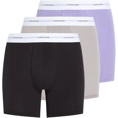 Calvin Klein Men’s 3 Pack Boxer Briefs with Logo Waistband, Multicolor (Black, Ash, Lilac Quartz), S
