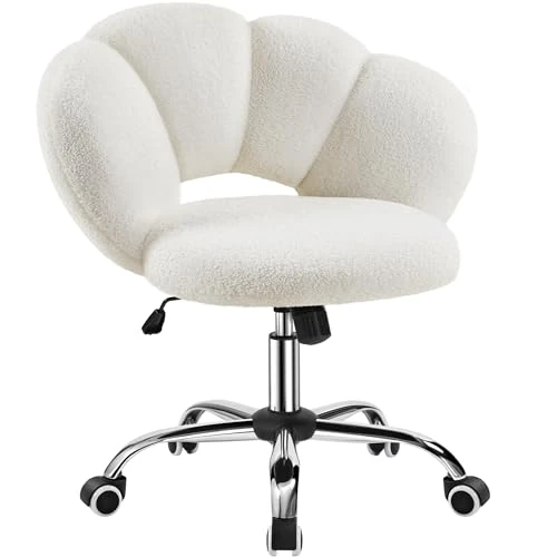 Yaheetech Office Chair White Padded Bedroom Office Chair without Armrests Ergonomic with Swivel Wheels, Cloud Design Backrest in Bouclé Fabric, Height Adjustable