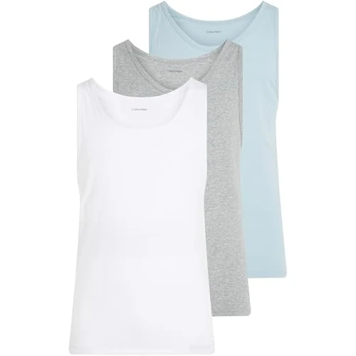 Calvin Klein Men’s 3 Pack Round Neck Tank Tops, Multicolor (White, Grey Heather, Sterling Blue), M
