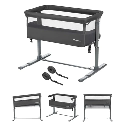 Bebeconfort Zina Co-Sleeper Crib & Baby Cot From Birth up to 6 Months (0-9kg), Foldable Bedside Crib, 5 Adjustable Height Positions, Reclinable Cot Mattress, Easy to Install, Mineral Graphite