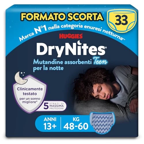Huggies DryNites pieluchy nocne przy moczeniu nocnym, dla chłopców w wieku od 13 do ok. 17 lat (48-60 kg), 33 sztuki (3 x 11), opakowanie miesięczne Jumbo, rozmiar XL