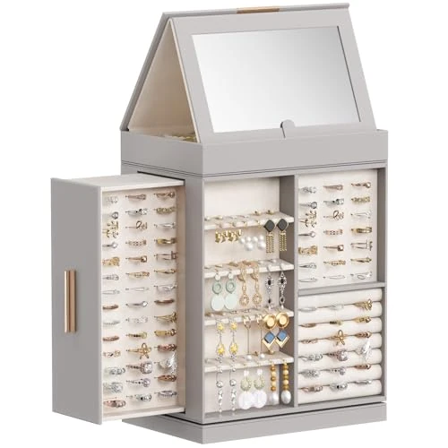 Lifewit Jewellery Box 360° Rotating, Jewellery Organiser with Mirror, Jewellery Display and Storage Case for Women, Spacious Jewellery Holder for Ring Necklace Earring Watches, Great Gift, Gray
