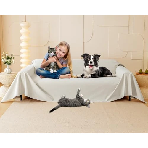 Loiion Fundas Sofa Antipelos Mascotas, Funda de Sofa 3 Plazas, Protector de Muebles para Perros, Protector Sofa para Gatos Arañazo y Perros Mascotas, Antideslizante Antimanchas Beige, 380x180cm