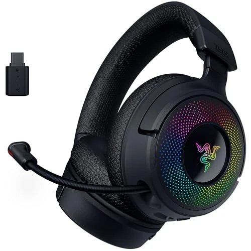 Offerta a tempo: Razer Kraken V4 - Cuffia da gioco wireless (connettività a 3 modalità, Driver TriForce da 40mm, illuminazione del auricolare RGB a 9 zone, regolazione del mix e del volume, THX Spatial Audio) Nero - 45% da 199.99 € a 109.99 €