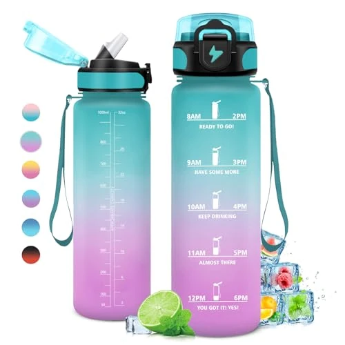 KollyKolla 1L Water Bottle, Drinking Time Bottle, BPA Free, Leak-proof Sports Water Bottle with Straw for Adult, Kids, Gym, Work, Biking, Hiking, Cycling