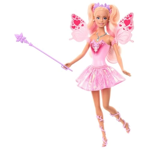 Barbie Poupée Barbie Fée avec baguette magique et accessoires de mode, ailes et tenue avec fonction changement de couleur, JCP76