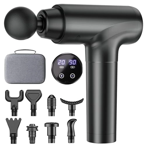 Zeitlich begrenztes Angebot: Massagepistole, Muskel Percussion Massagegerät, Massage Gun mit LED-Touchscreen, 20 Geschwindigkeiten, 9 Massageköpfe, Tragetasche, Leise Elektrische Massage Pistole, Geschenk für Männer & Frauen von 33.99 € auf 25.99 € (24% R
