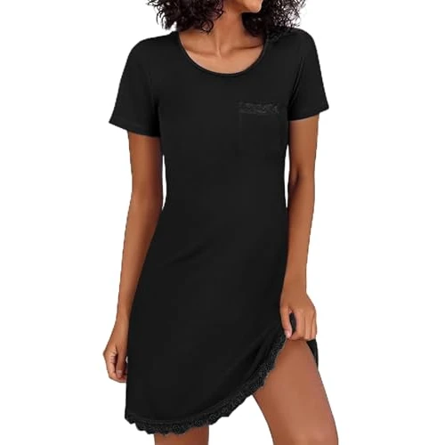 Demegimi Women's Summer Cotton Nightgown Sexy Lace Short Sleeve Dress with Round Neck for Home, Black, S