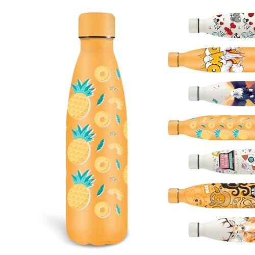 Grsta Trinkflasche 500ml, Trinkflasche Edelstahl BPA-freie, Wasserflasche mit Fruchtmuster, Trinkflasche Personalisiert Kalt&Warm, Trinkflasche Auslaufsicher für Schule, Camping, Fitness, Gelb