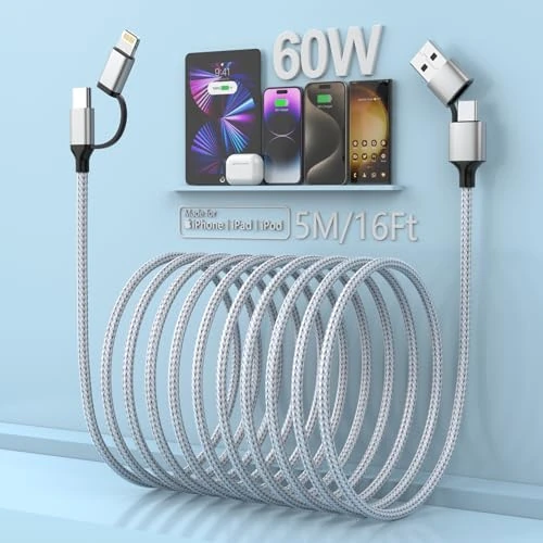 Offerta a tempo: 4-in-1 Extra Lungo iPhoone Cavo di Ricarica 15ft/5m, USB A/C a tipo C/Lightnning 60W USB C Cavo Lightnning Cavo di Ricarica Veloce per Apple iPhoone 15/15pro/14pro/13/12/11/X/XS/XR,Android, Sumsang - 41% da 16.99 € a 9.99 €