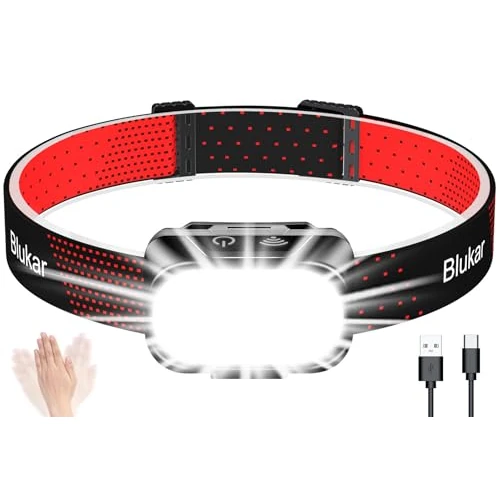 Blukar Lampe Frontale Rechargeable, 2000LM Torche Frontale Ultra Puissante, 10 Modes d'Éclairage & Luminosité Ajustable avec Détection de Mouvement, Léger & IPX5 Étanche pour Pêche, Camping, Cyclisme