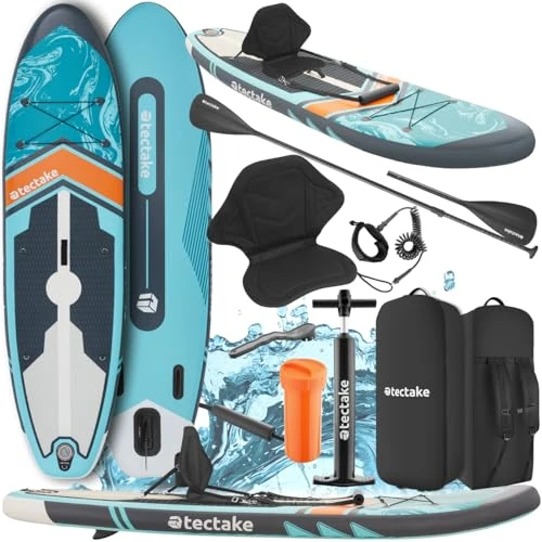 Offerta a tempo: tectake® SUP Gonfiabile, Tavola SUP Versatile 2in1, Drop-Stitch, 3 Pinne con Pinna Removibile, 5 Anelli, Pagaia in Alluminio Regolabile, Antiscivolo in Schiuma EVA, Zaino - Turchese/Arancio - 16% da 189.79 € a 159.90 €
