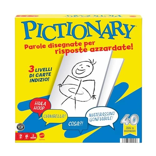 Oferta ograniczona: Mattel Games - Pictionary, kultowa gra planszowa dla całej rodziny, 2 drużyny z włoskimi wskazówkami, wymazywalne markery, tablice i klepsydry, zabawka dla dzieci, 8+ lat, JDY01 z 174.50 PLN na 174.50 PLN (zniżka 0%)